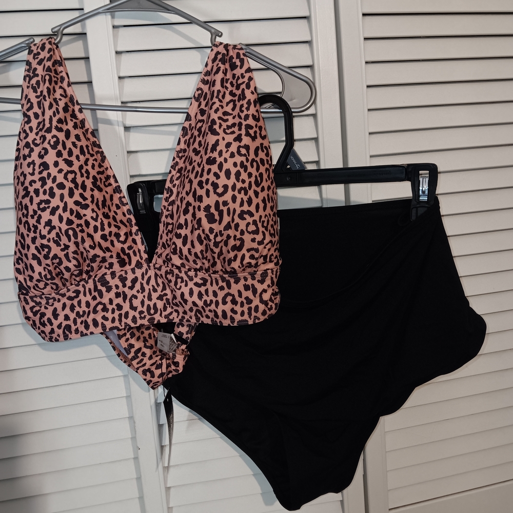 Leopard Print Bikini Top and Black Skirted Bottom